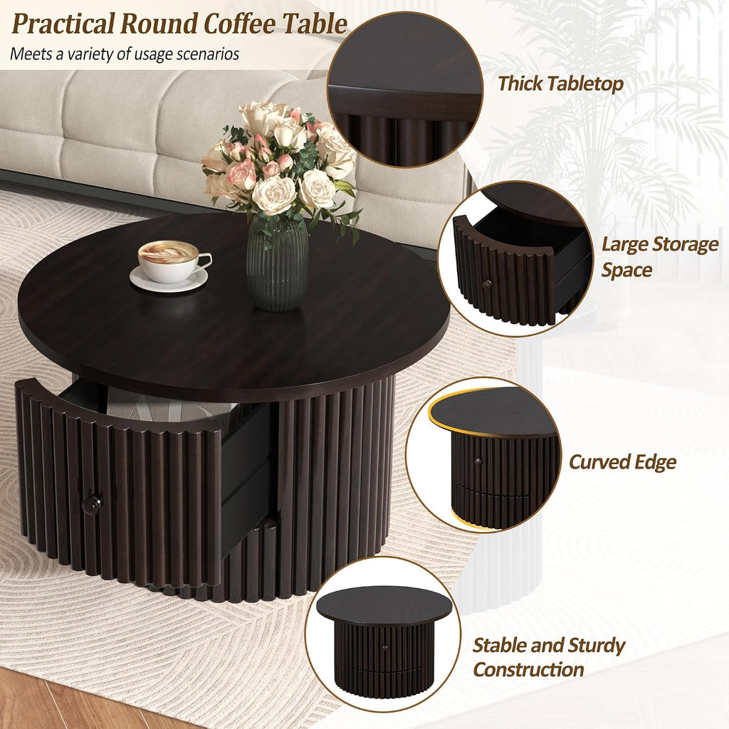 Round Coffee Table for Living Room in Dark Brown, Farmhouse Coffee Table with a Drawer, Center Table with Vertical Slat Base in 30.5'