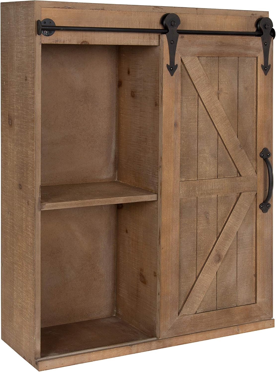 Kate and Laurel Cates Wood Wall Storage Cabinet with Sliding Barn Door; 22 x 9 x 28; Rustic Brown; Decorative Farmhouse Over the Toilet Cabinet with Three Shelves for Bathroom or Kitchen Storage