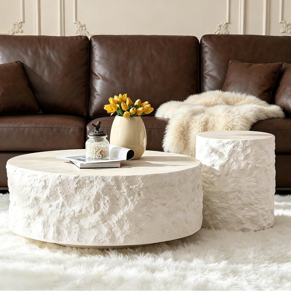 KEVINSPACE Round Coffee Table Set of 2, RoundFiberglass CoffeeTable for Living Room, Side Table for Bedroom Modern Drum CenterTable Circle Stone SideTables for Apartment, No Need Assembly