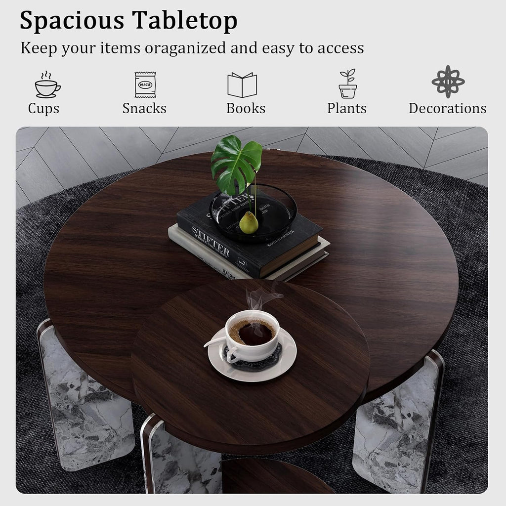 Modern Nesting Coffee Table Set of 2, 2-Piece Modern 32.68' & 16.93' Round Living Table Set with Walnut Veneer Surface 25mm MDF and Sintered Stone Legs for Living Room