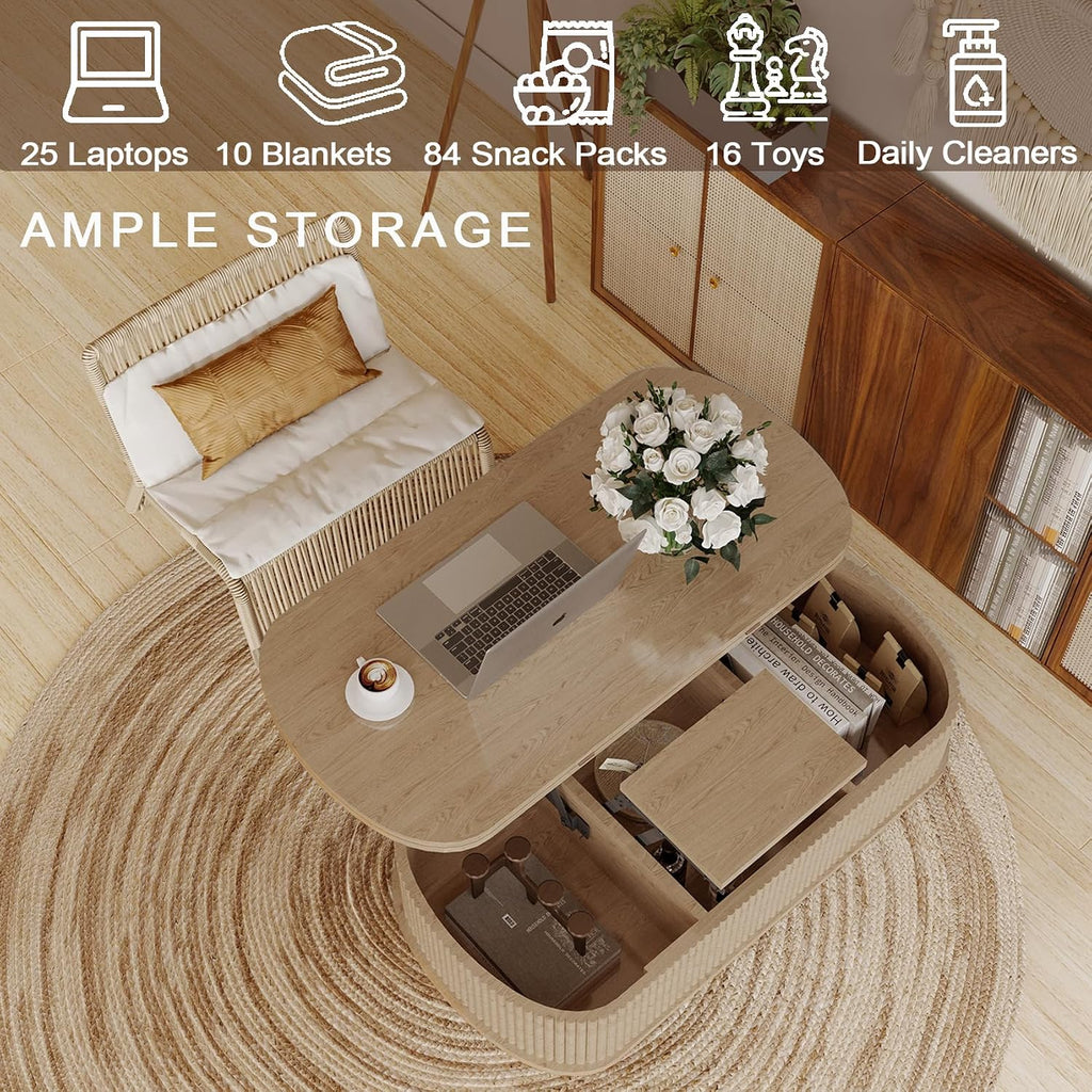 Lift Top Coffee Table with Large Storage,Lifting Converts to Dining Table,Oval Pop Up Coffee Table Fluted Wood Center Table for Living Room,Fully Assembled Space-Saving for Eating&Laptops