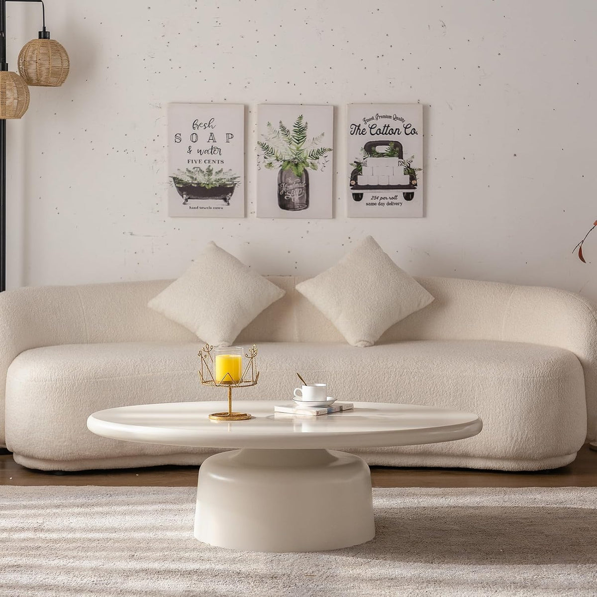 White Oval Coffee Table Modern Circle Center Table Circular Coffee Tables with Stable Pedestal, for Living Room, Bedroom, Farmhouse Outdoor Patio (Oval Coffee Table)
