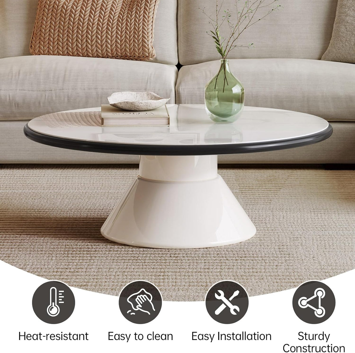 Round Faux Marble Look Coffee Table, White CenterTable with Stable Pedestal, Modern Tempered Glass Designed White Marble Dining Table for Kitchen,Living Room,Apartment,Restaurant