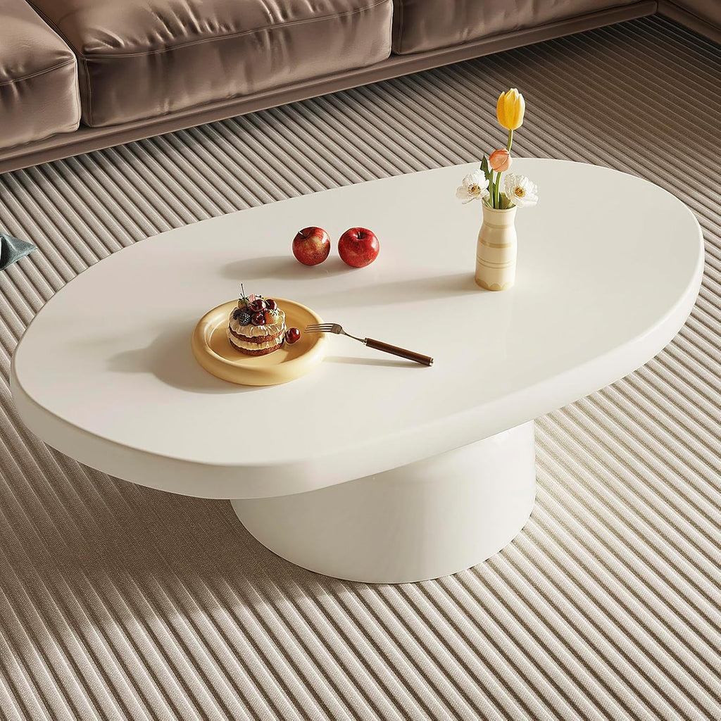 45.67' White Coffee Table, Modern Funky Irregular Shaped Coffee Table with Sturdy Pedestal for Bedroom, Living Room & Small Spaces
