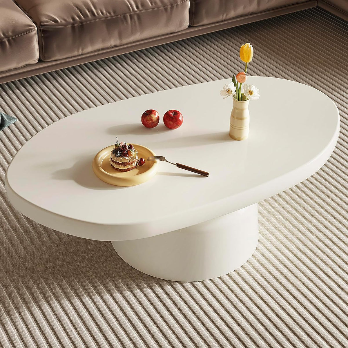 45.67' White Coffee Table, Modern Funky Irregular Shaped Coffee Table with Sturdy Pedestal for Bedroom, Living Room & Small Spaces