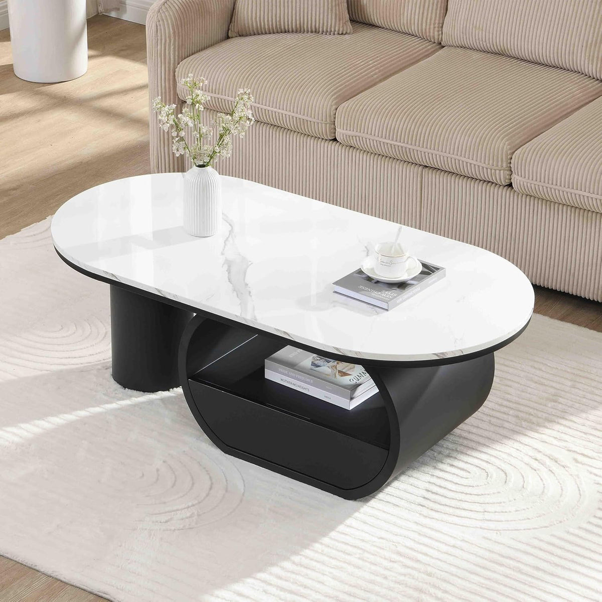 Oval Coffee Table, 47.24'' Modern Luxury Oval Decorative Coffee Center Table with White Faux Marble Top and Black Metal Base and 1 Drawer, Cocktail Tea Table for Living Room Apartment