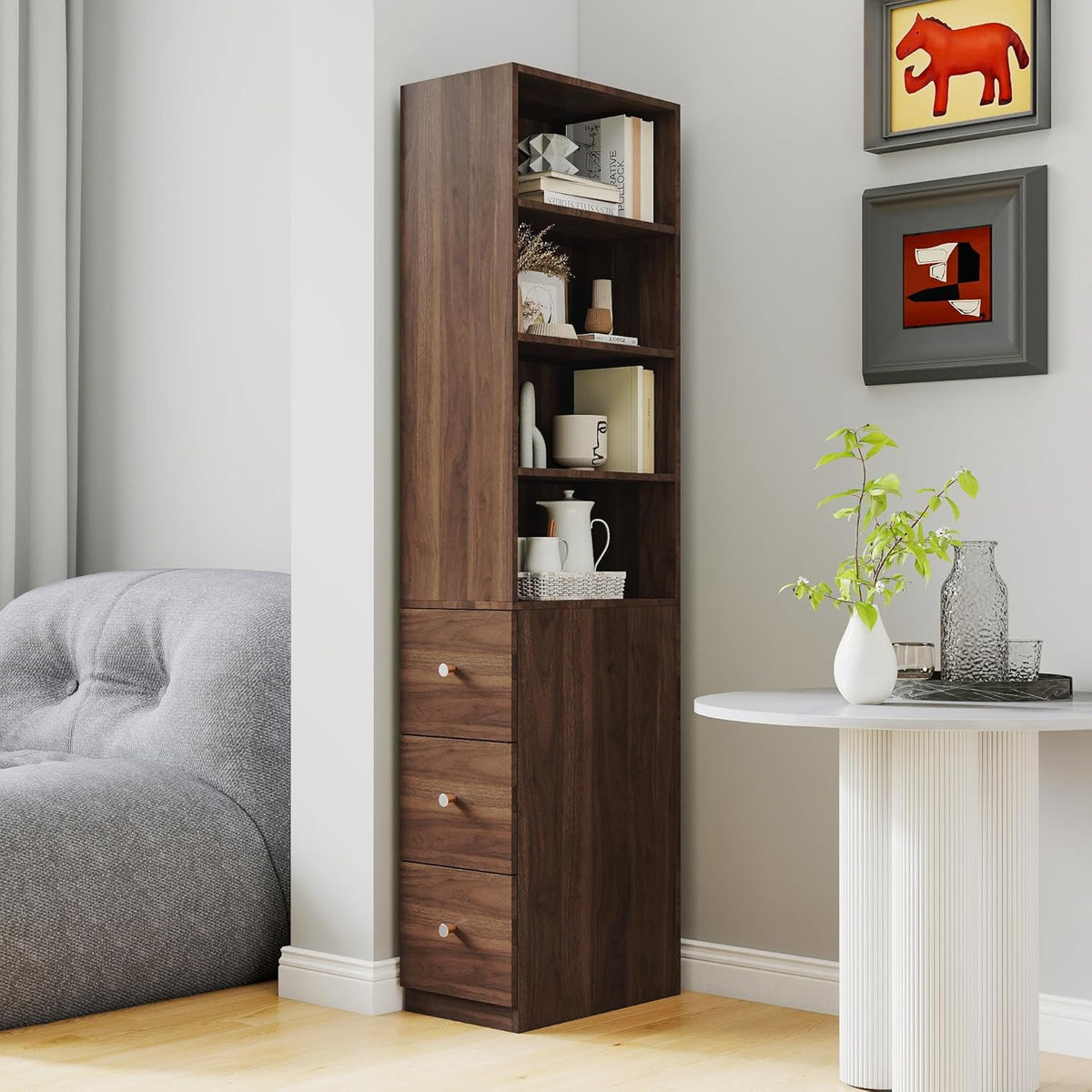 70.87' H Display Storage Cabinet, Narrow Wooden Corner Cabinet with 4-Tier Shelves and 3 Side Drawers, Tall Bookshelf and Bookcase for Living Room Home Office, Walnut