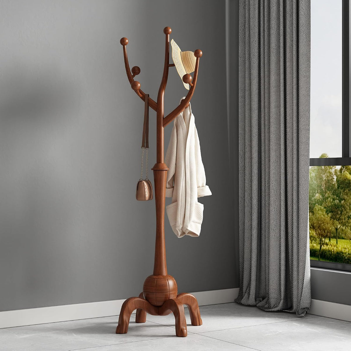 Wood Freestanding Coat Rack with 8 Hooks Wooden Hat Coat Tree Standing Clothes Hanger with Sturdy Sphere Base and Tree Branch Hooks 160lb Load Capacity for Entryway Hallway Bedroom, Walnut