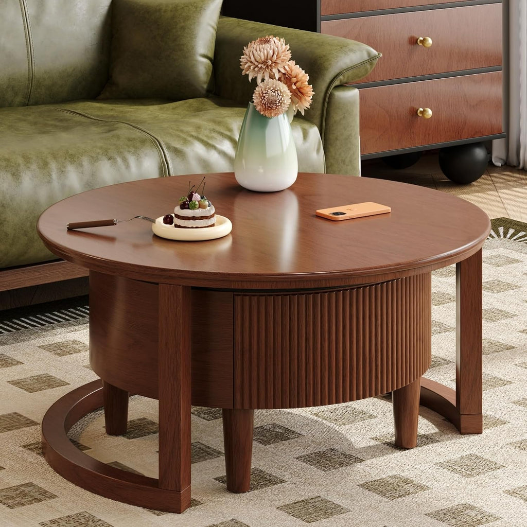 Merax 31.5'' Vintage Round Nesting Wood Coffee Table Set, 2-Tier with Drawer & Storage, Two-Tone Finish Fluted Design for Living Room Apartment, Walnut+Black