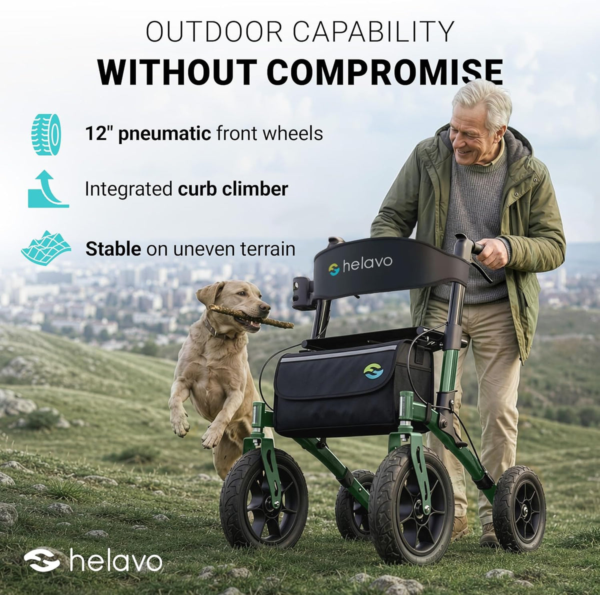 Helavo All Terrain Walker Rollator with 12' Pneumatic Tires – Foldable Outdoor Walkers for Seniors with Seat, Lightweight & Adjustable Height, Shock-Absorbing for Comfort on Any Surface