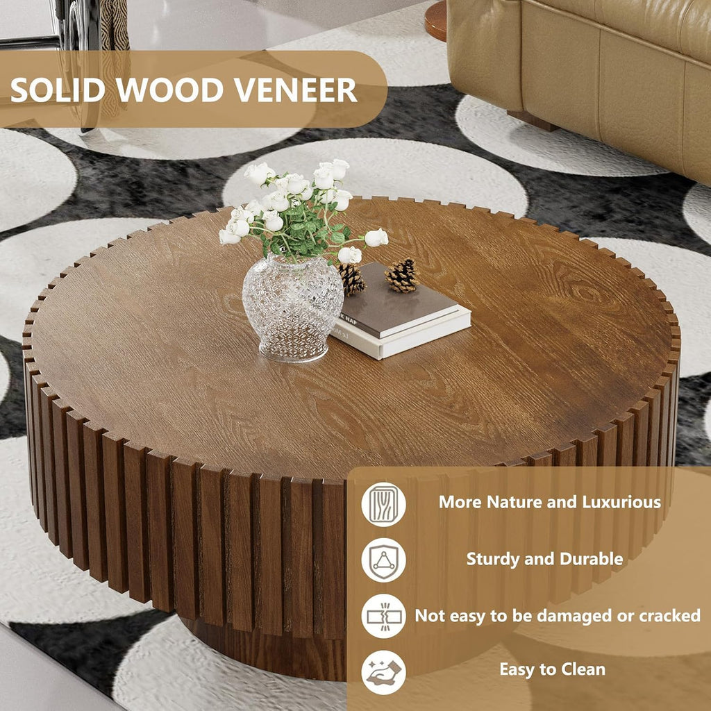 Round Handcraft Fluted Coffee Table with Sturdy Stable Pedestal Modern Luxury Drum Center Table Circle Accent Base Center Tables for Living Room Apartment (G)