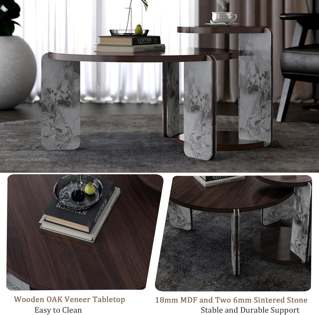 Modern Nesting Coffee Table Set of 2, 2-Piece Modern 32.68' & 16.93' Round Living Table Set with Walnut Veneer Surface 25mm MDF and Sintered Stone Legs for Living Room