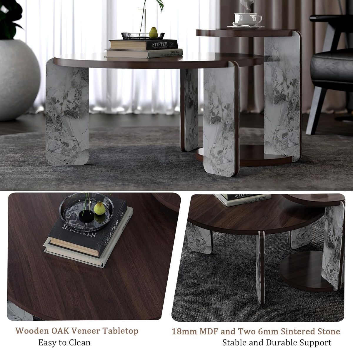 Modern Nesting Coffee Table Set of 2, 2-Piece Modern 32.68' & 16.93' Round Living Table Set with Walnut Veneer Surface 25mm MDF and Sintered Stone Legs for Living Room