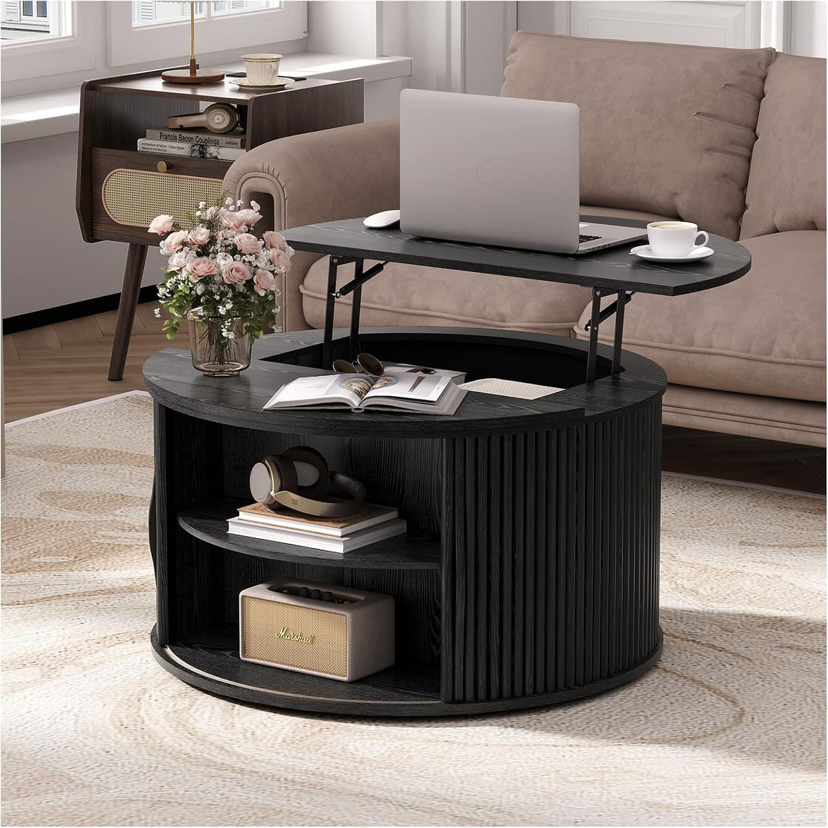 Jiansu furni 31.5'Coffee Table with Lifting Top, Mid Century Modern Coffee Table with Sliding Door & Hidden Storage, Small Center Table for Living Room, Black