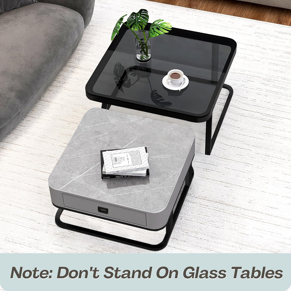 Square Coffee Table Set of 2, Nesting Table End Table, Modern Side Table for Living Room, Office, Bedroom, Grey