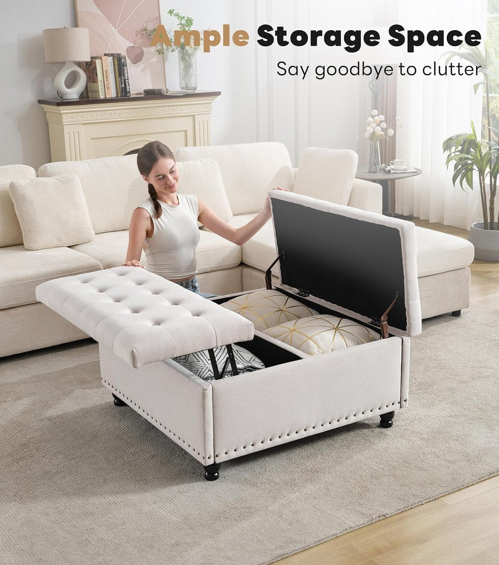 Tbfit 35.5'' Large Square Storage Ottoman, Oversized Coffee Table with Lift Top & Solid Wood Legs, Transitional Tufted Upholstered Ottomans Bench for Living Room, Linen Foot Stool for Dorm, Beige