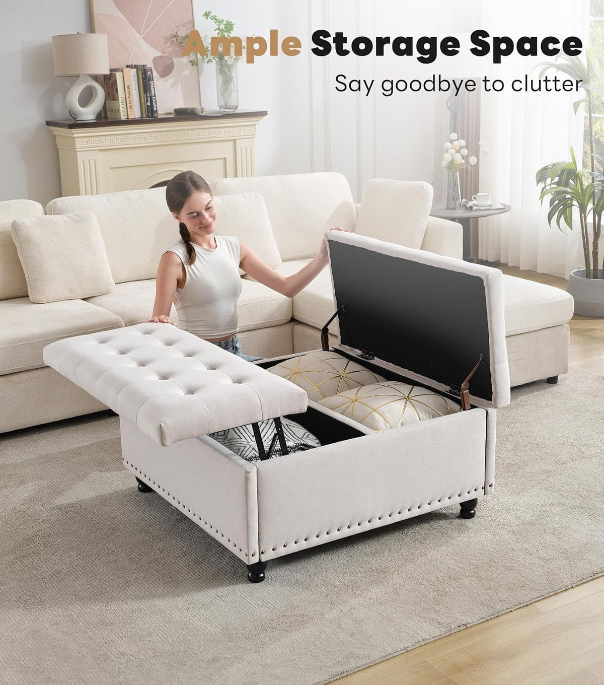 Tbfit 35.5'' Large Square Storage Ottoman, Oversized Coffee Table with Lift Top & Solid Wood Legs, Transitional Tufted Upholstered Ottomans Bench for Living Room, Linen Foot Stool for Dorm, Beige