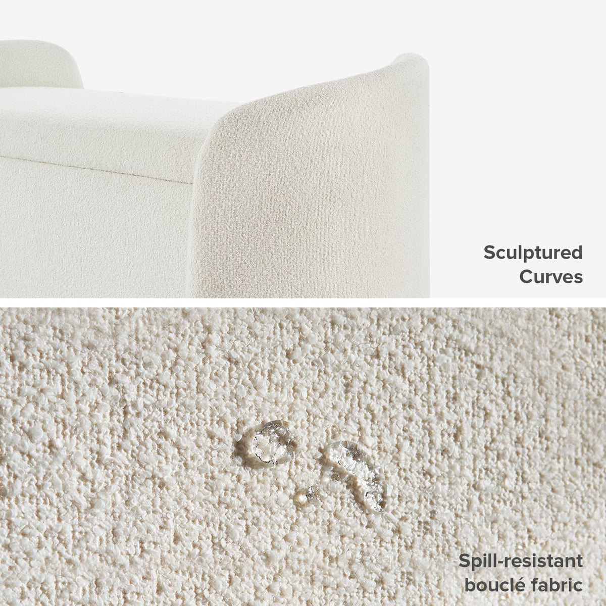 mopio Sophie 51' Ottoman Storage Bench, Entryway and Window Seating, End of Bed Curved Stool for King & Queen Bed, Storage Chest for Bedroom (Pearl White Boucle)