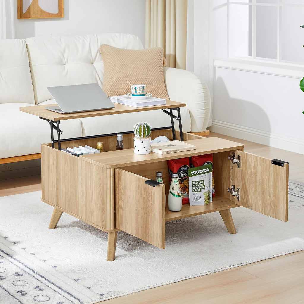 Fluted Lift Top Coffee Table with Large Hidden Compartment, 31.5' Wooden Center Table with Storage, Mid Century Modern Lift Tabletop Coffee Tables for Living Room Home Office, Natural