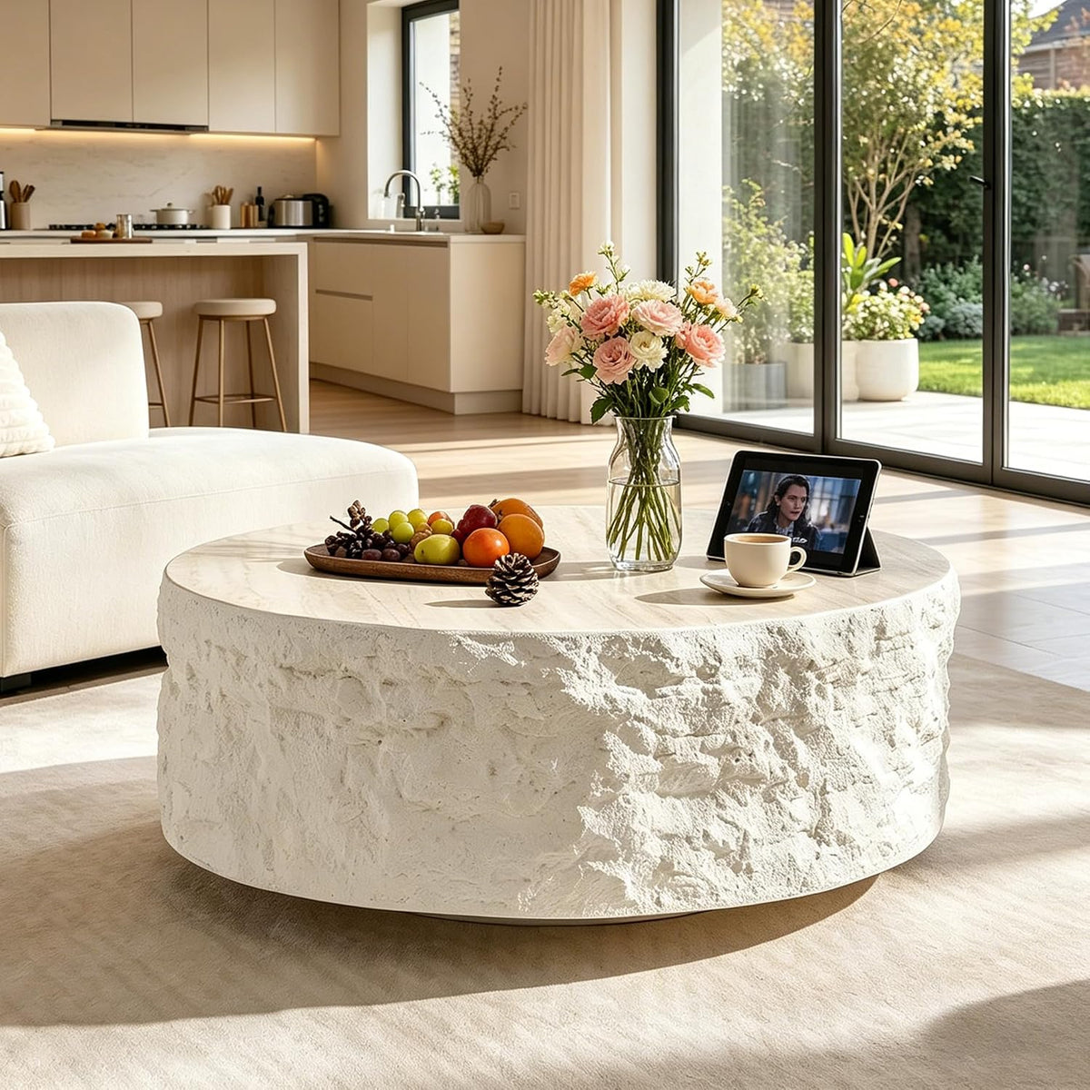 35.43' Modern Round Travertine Coffee Table, Faux Marble Center Table, Stone Accent Table, Concrete Coffee Table for Living Room, Apartment, Office, No Need Assembly (35.43', Round)