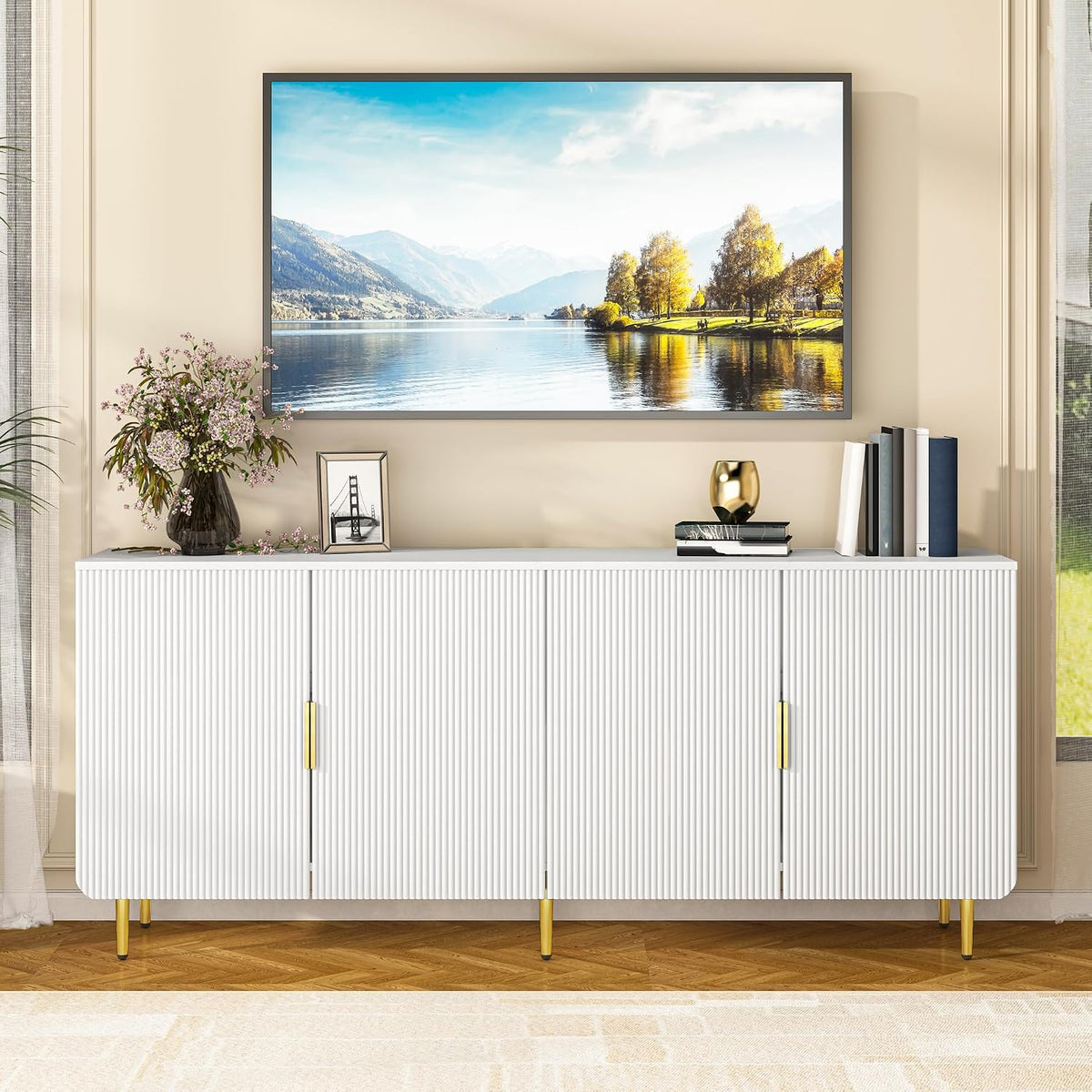 65' Fluted Sideboard Buffet Cabinet with Storage, Console Cabinet with 4 Doors & Adjustable Shelves, Modern Buffet Table for Kitchen Dining Living Room Hallway‌ Entryway, White