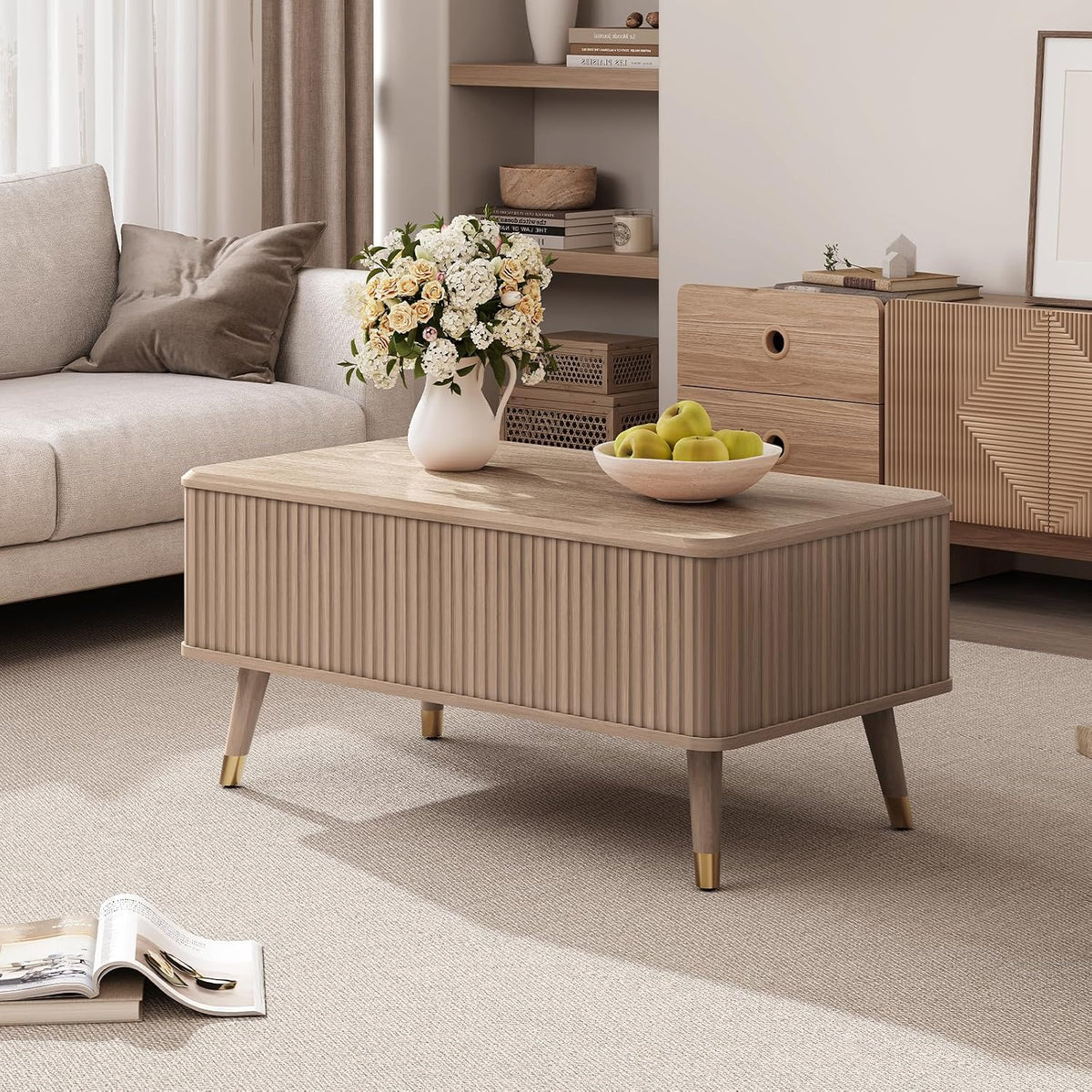 Jiansu furni Lift Top Coffee Table with Storage,Multi-Function Coffee Table with Hidden Compartment & Solid Wood Legs,Mid Century Modern Center Table for Living Room,Oak