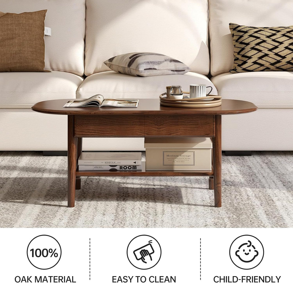 100% Solid Oak Wood Coffee Table for Living Room, 2-Tier Mid Century Modern Living Room Table with 2 Drawers & Open Shelf, Coffee Table with Rounded Corner for Home (Oak Walnut Finish, 39.37'' W)