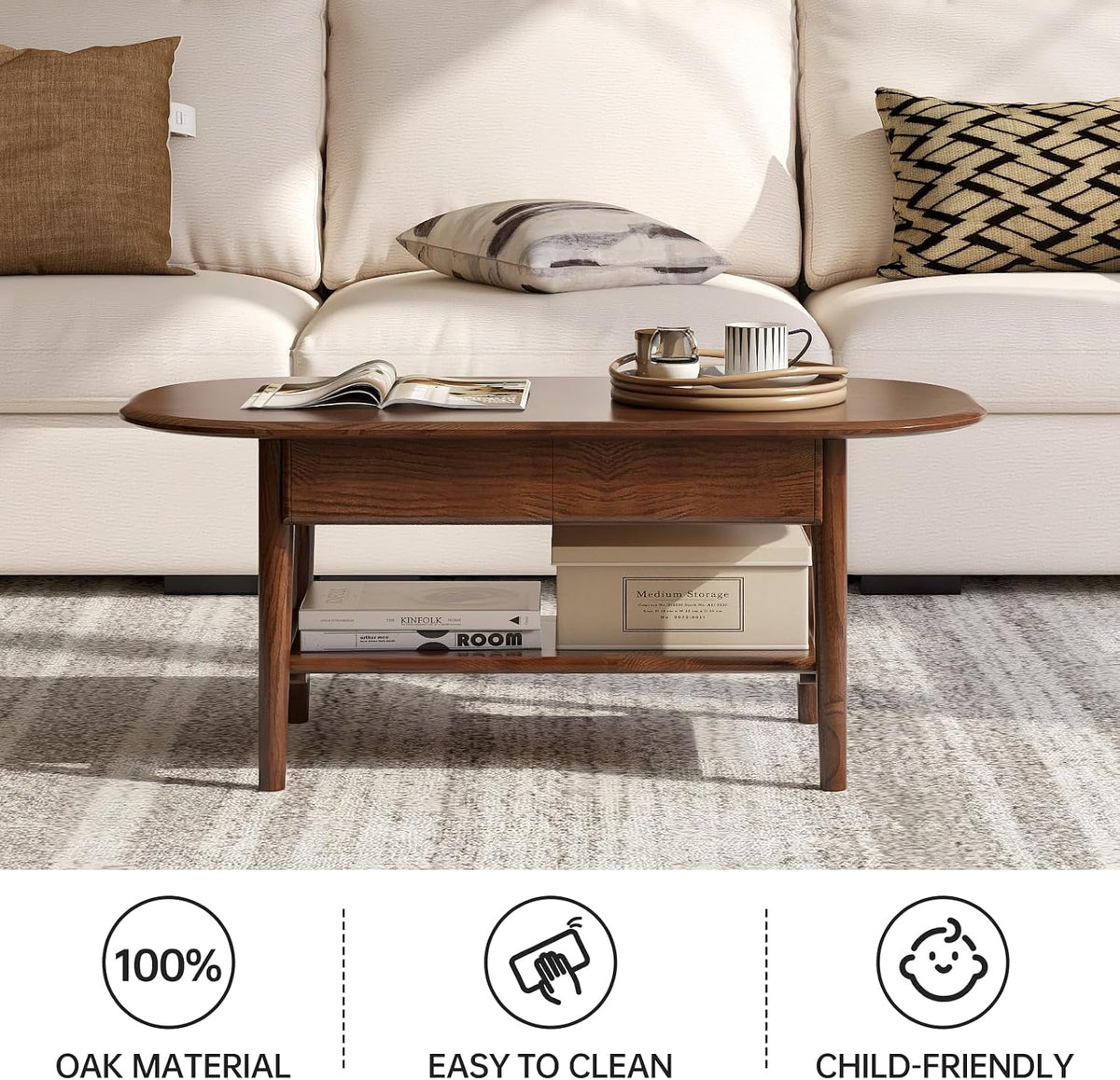 100% Solid Oak Wood Coffee Table for Living Room, 2-Tier Mid Century Modern Living Room Table with 2 Drawers & Open Shelf, Coffee Table with Rounded Corner for Home (Oak Walnut Finish, 39.37'' W)