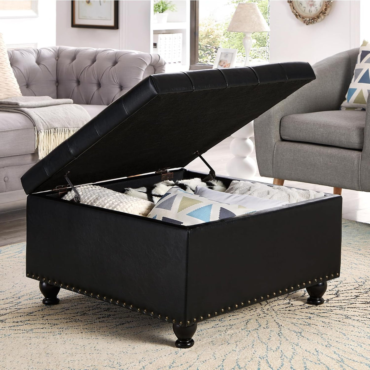 Storage Ottoman Coffee Table, 30 Inch Black Leather Square Ottoman Bench with Storage, Upholstered Tufted Footstool with Nail Trims, Oversized Coffee Table for Living Room, Bedroom