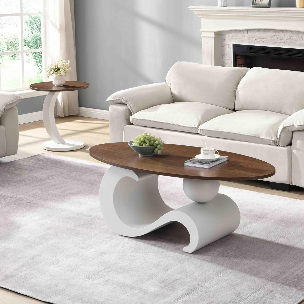 Modern Nesting Coffee Table Set of 2, 2-Piece Oval Decorative Living Room Table Set with White Faux Marble Top and Gold Metal Base, Oval Coffee Table and Round End Table Set