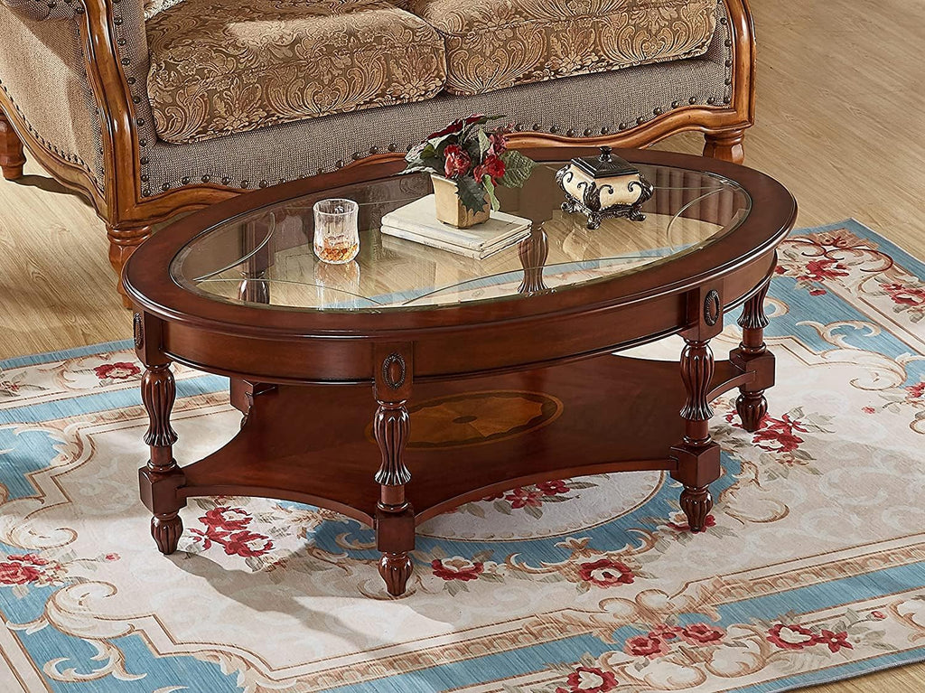 Solid Wood Oval Coffee Table with Tempered Glass Top, Vintage Carved Edge Center Table, 45' x 18', Cherry Walnut Finish for Living Room