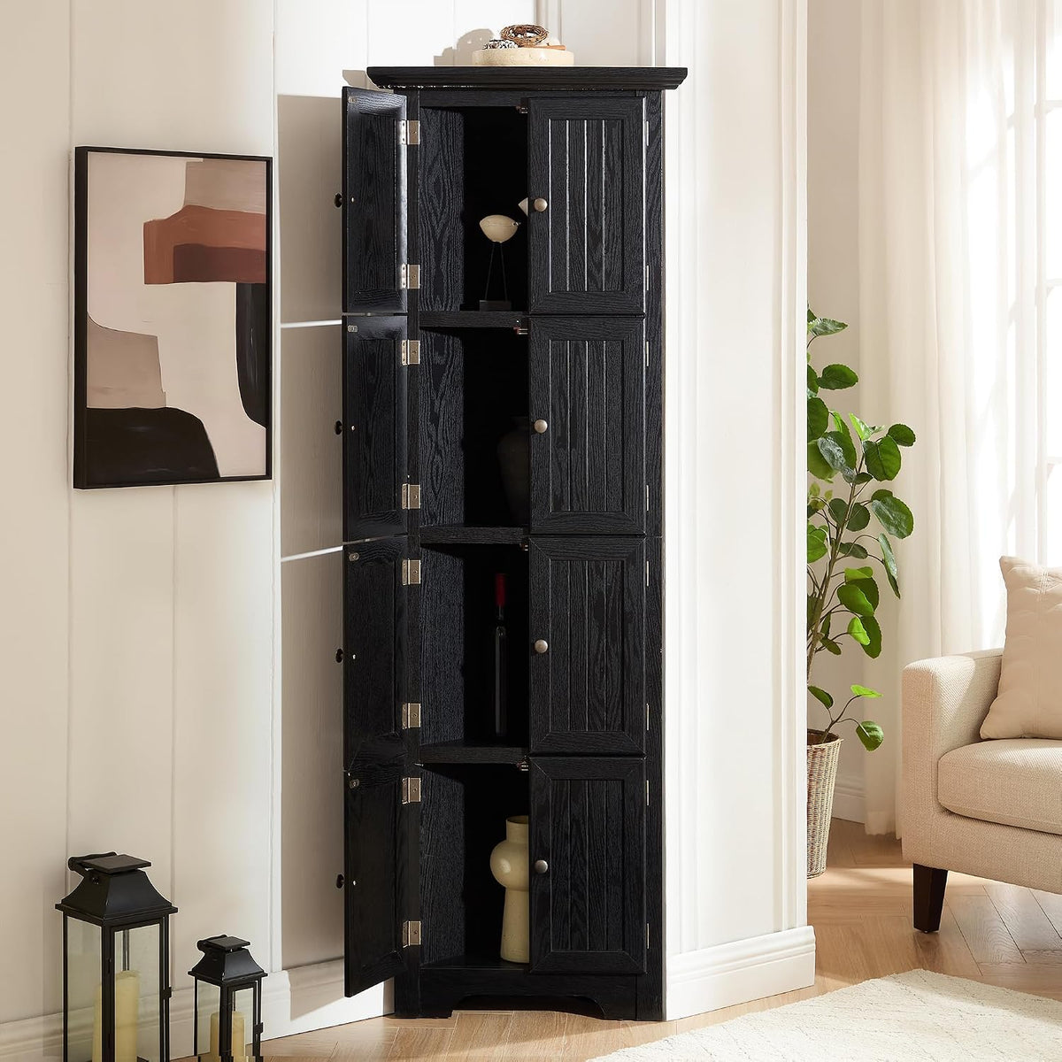 72' H Farmhouse Corner Storage Cabinet with 8 Doors & 4 Shelves, 4 Tier Kitchen Corner Pantry Cabinet Wooden Organizer Case Bookshelf, Home Space Saver Cabinet for Kitchen,Living Room(Black)