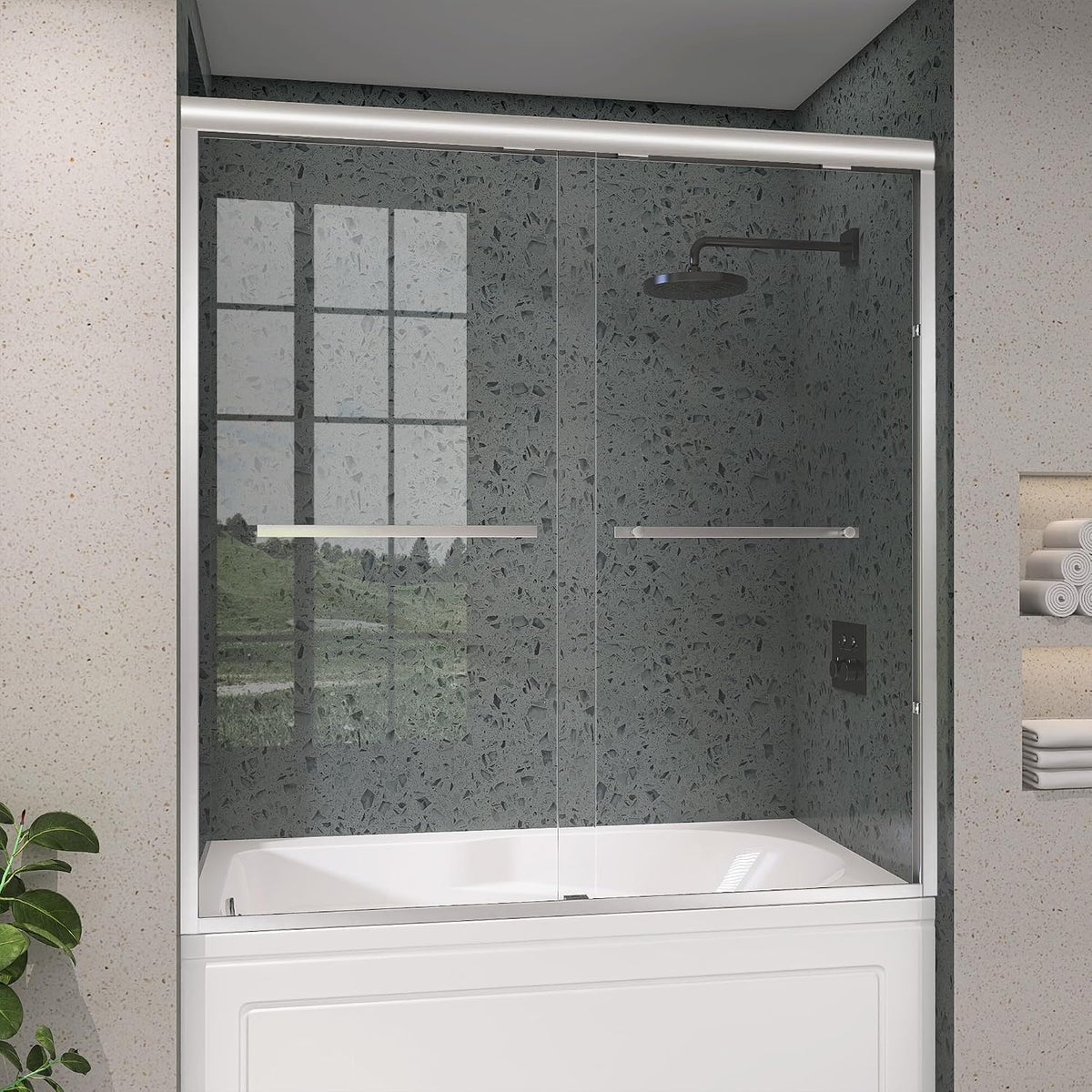 Tub Shower Door 56-60 in. W x 62 in. H Double Sliding Semi-Frameless Bathroom Bathtub Doors 1/4 inch Clear Tempered Glass Tub Door for Walk-in Shower Brushed Nickel Harewares