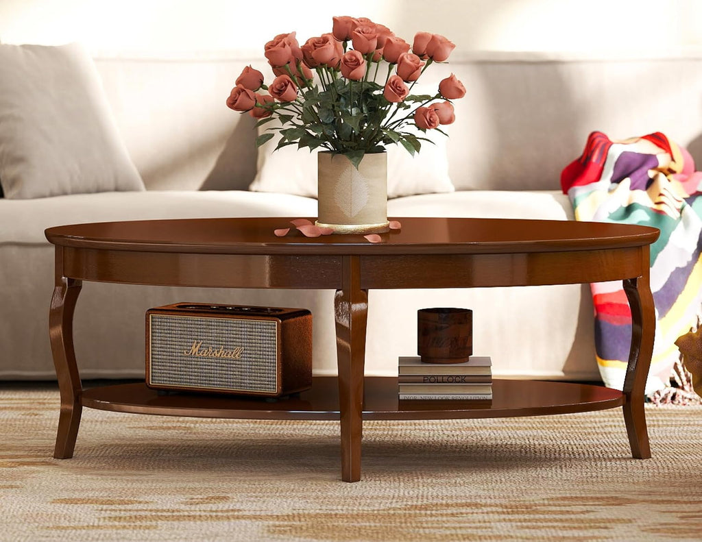 47' Oval Coffee Table 2-Tier Coffee Table with Storage Shelf Solid Wooden Center Table for Living Room Bedroom Office, Walnut