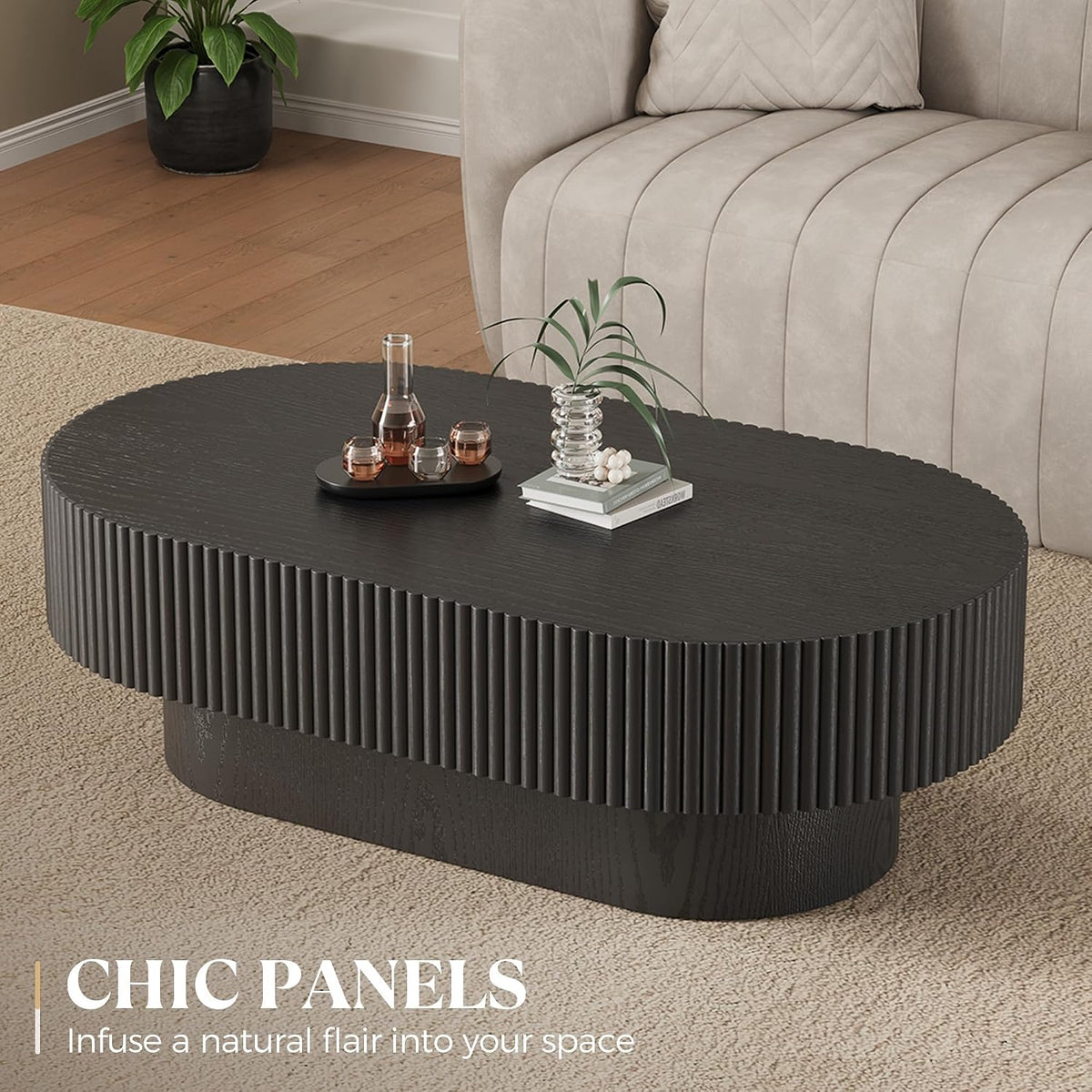 YOUDENOVA 43.7' Oval Coffee Table, Modern Wood Fluted Coffee Table for Living Room, Veneer Handcrafted Relief Center Table with Sturdy Pedestal，Easy Assembly - Black