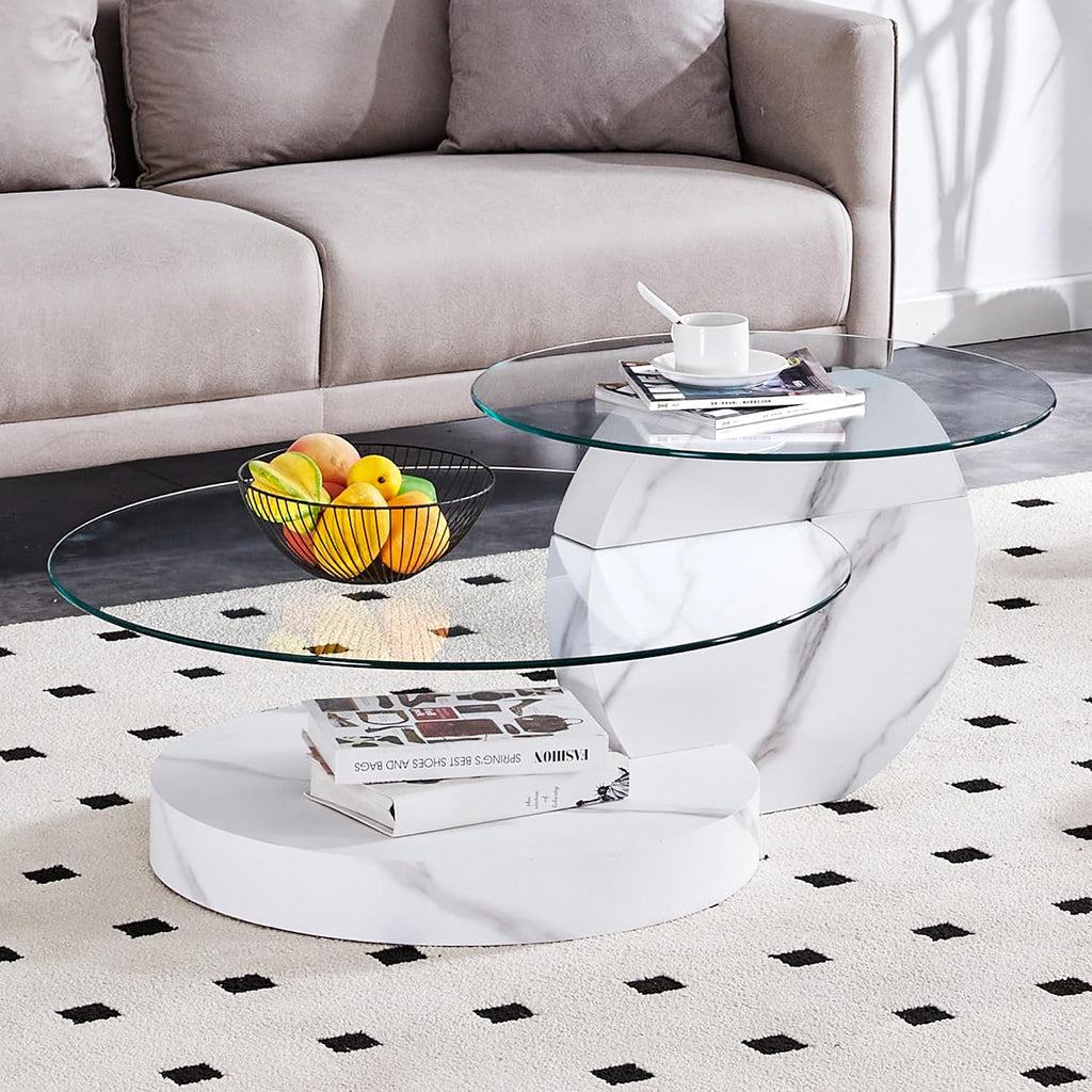Ebullient Modern Round Glass Coffee Table, 3-Tier Wood Base Geometric Center Table for Living Room, Contemporary Accent Furniture, 42 Inch