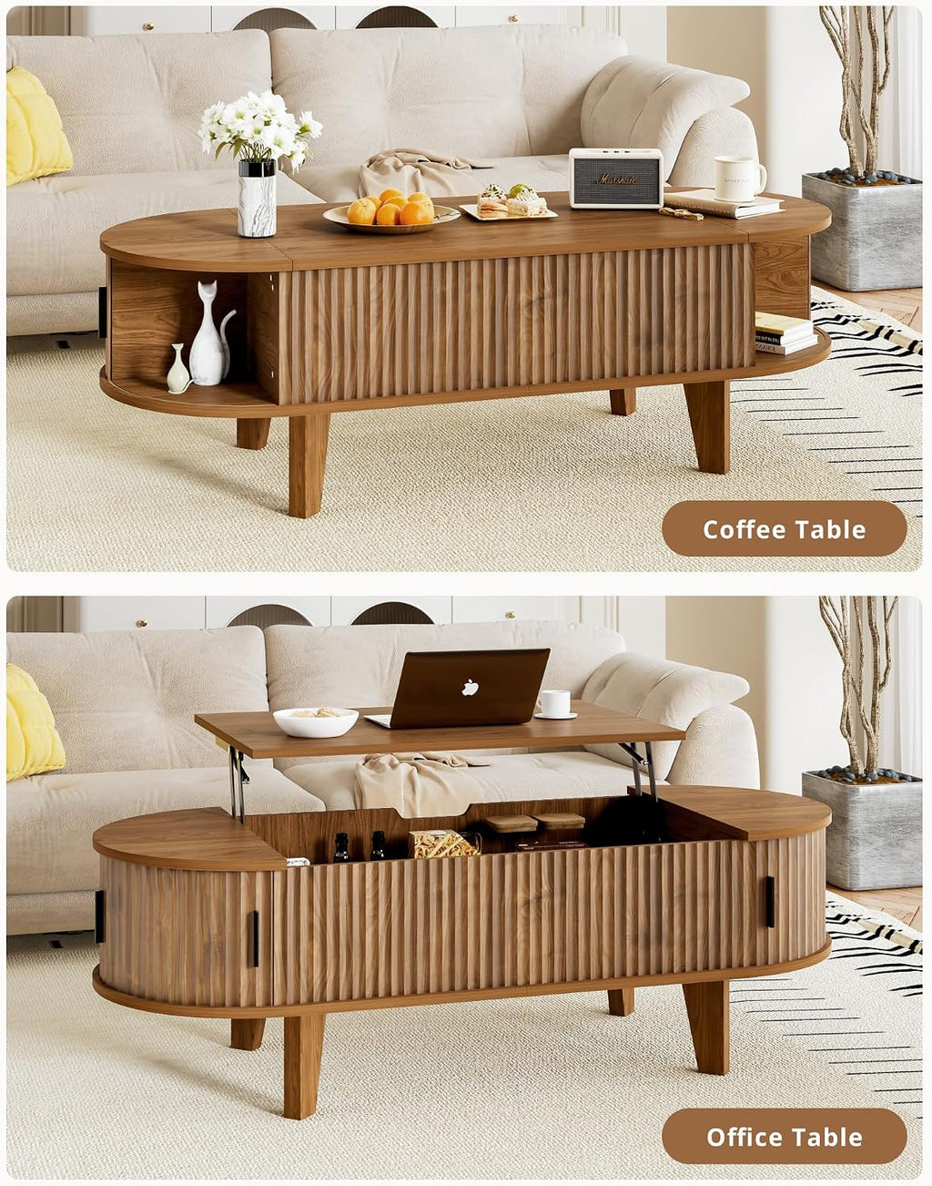 47.2' Oval Coffee Table with Storage, Lift Top Coffee Table for Living Room, Modern Wood Fluted Center Table with 180° Sliding Tambour Door