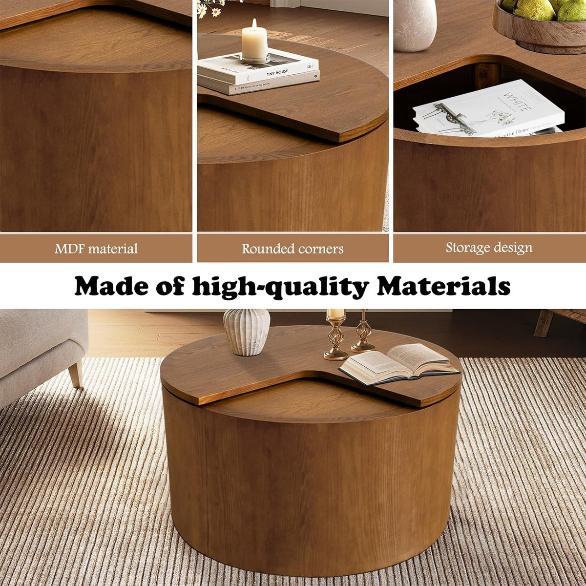 27.16' Round Coffee Table with Storage Modern Wooden Coffee Table Circle Accent Center Table for Living Room Small Space Apartment Office (Circle Brown)