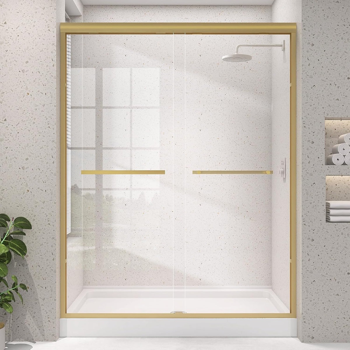 Shower Door 60' x 75' Double Sliding Bypass Framed Shower Door for Walk-in Bathroom Adjustable 56-60' Width Extra Tall Easy Install Clear Shower Glass Doors in Brushed Gold Frame