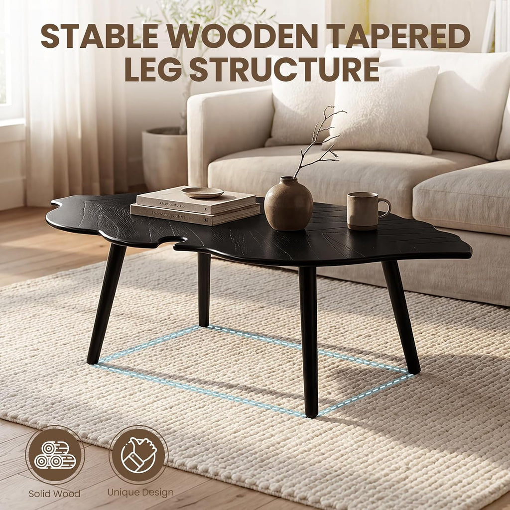 DUOMAY Mid-Century Modern Leaf-Shaped Coffee Table Solid Wood Coffee Table for Living Room Wooden Center Table with Black Finish & Carved Design Contemporary Light Table for Small Space Apartment