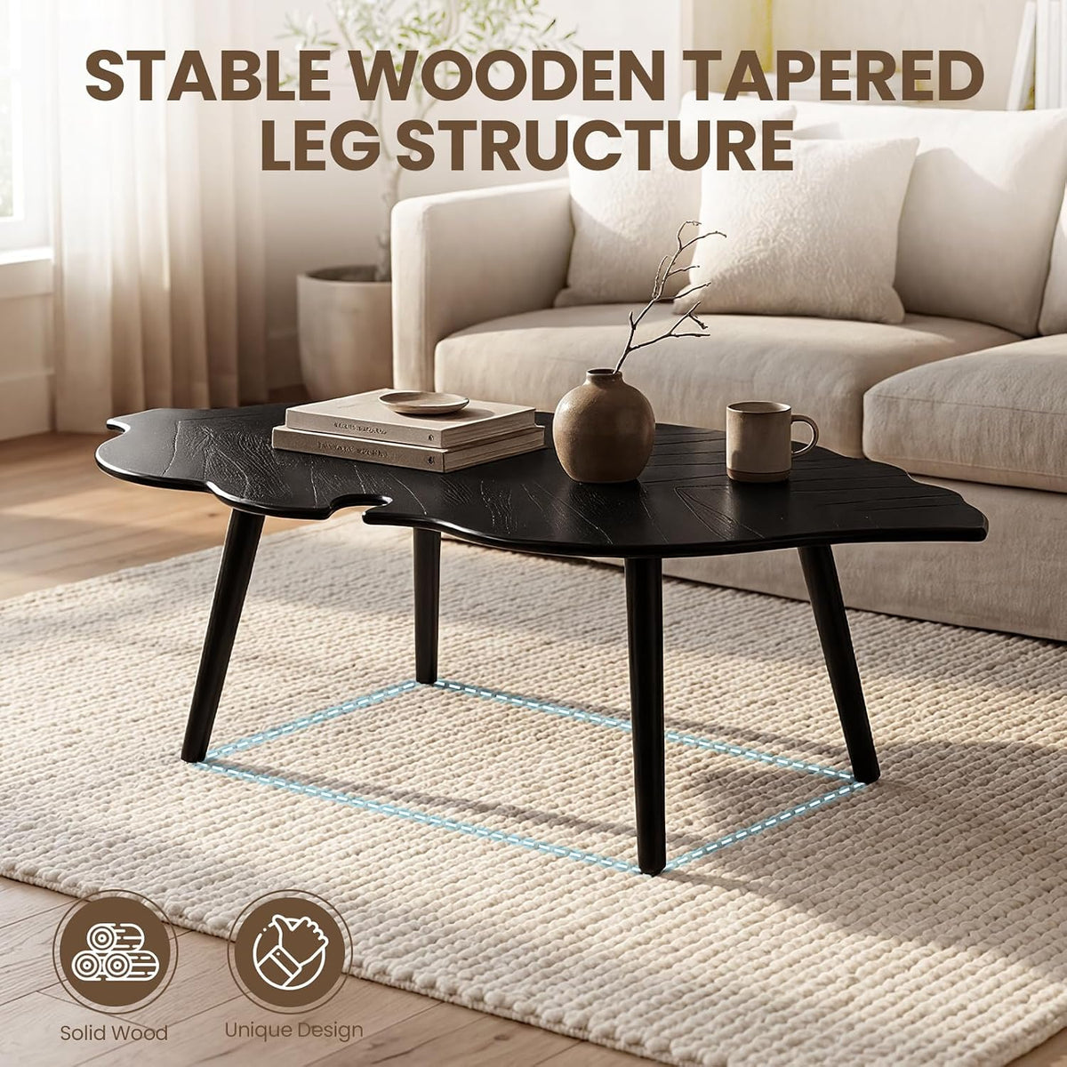 DUOMAY Mid-Century Modern Leaf-Shaped Coffee Table Solid Wood Coffee Table for Living Room Wooden Center Table with Black Finish & Carved Design Contemporary Light Table for Small Space Apartment