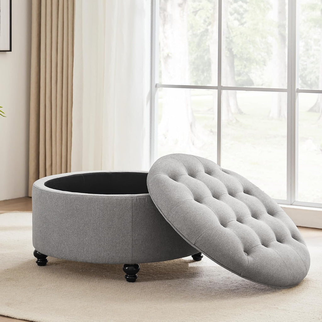 HUIMO 30-Inch Round Storage Ottoman, Modern Button Tufted Coffee Table with Removeable Top, Upholstered Ottoman with Storage Footrest Stool for Living Room, Bedroom and Office(Grey)