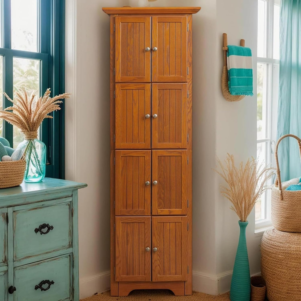 72' H Farmhouse Corner Storage Cabinet with 4 Shelves & 8 Doors, 4 Tier Kitchen Corner Pantry Cabinet Wooden Organizer Case Bookshelf, Home Space Saver Cabinet for Living Room,Kitchen