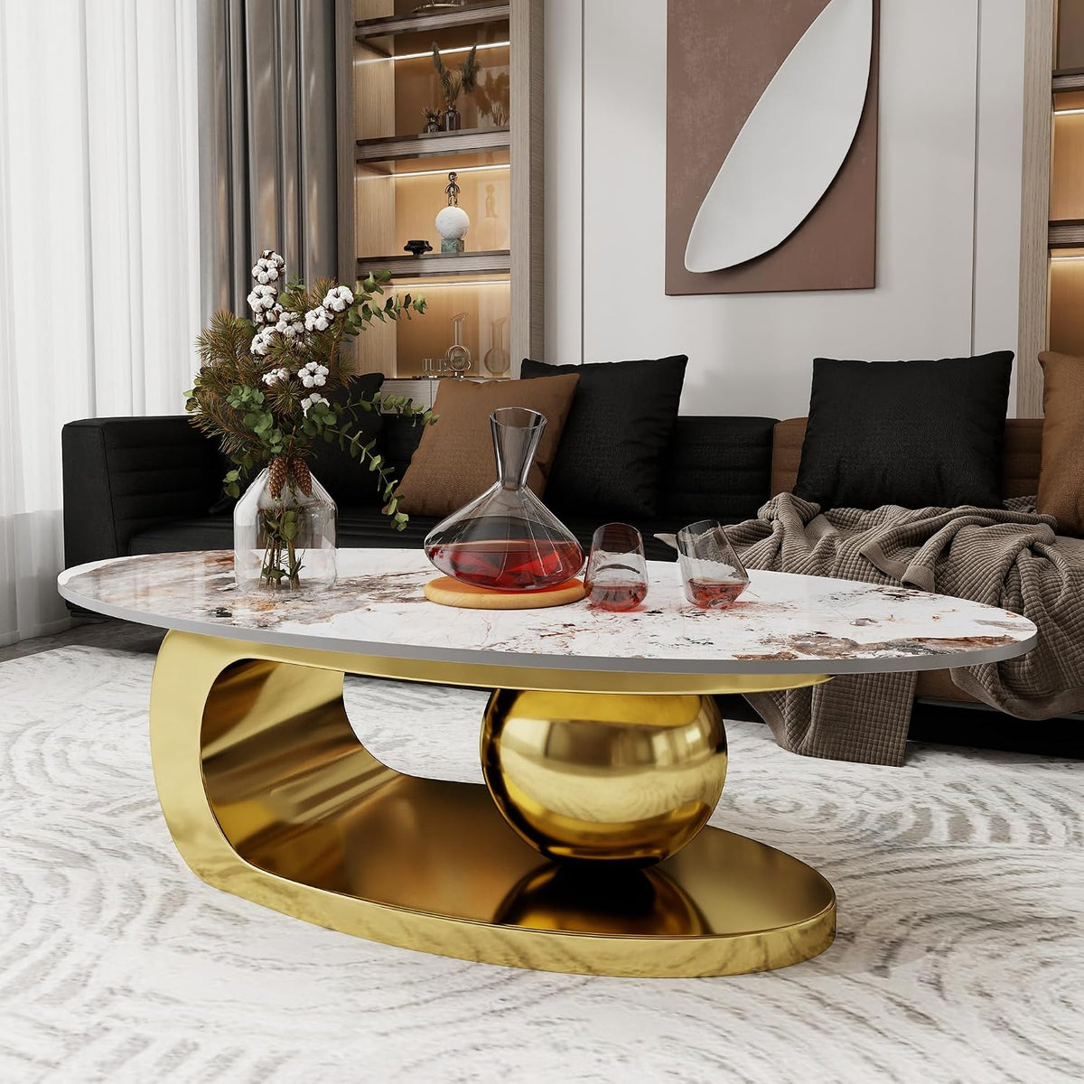 Modern Coffee Table Marble Top,Oval Coffee Table for Living Room,White Center Table with Stainless Steel Base Gold Base for Home,Office
