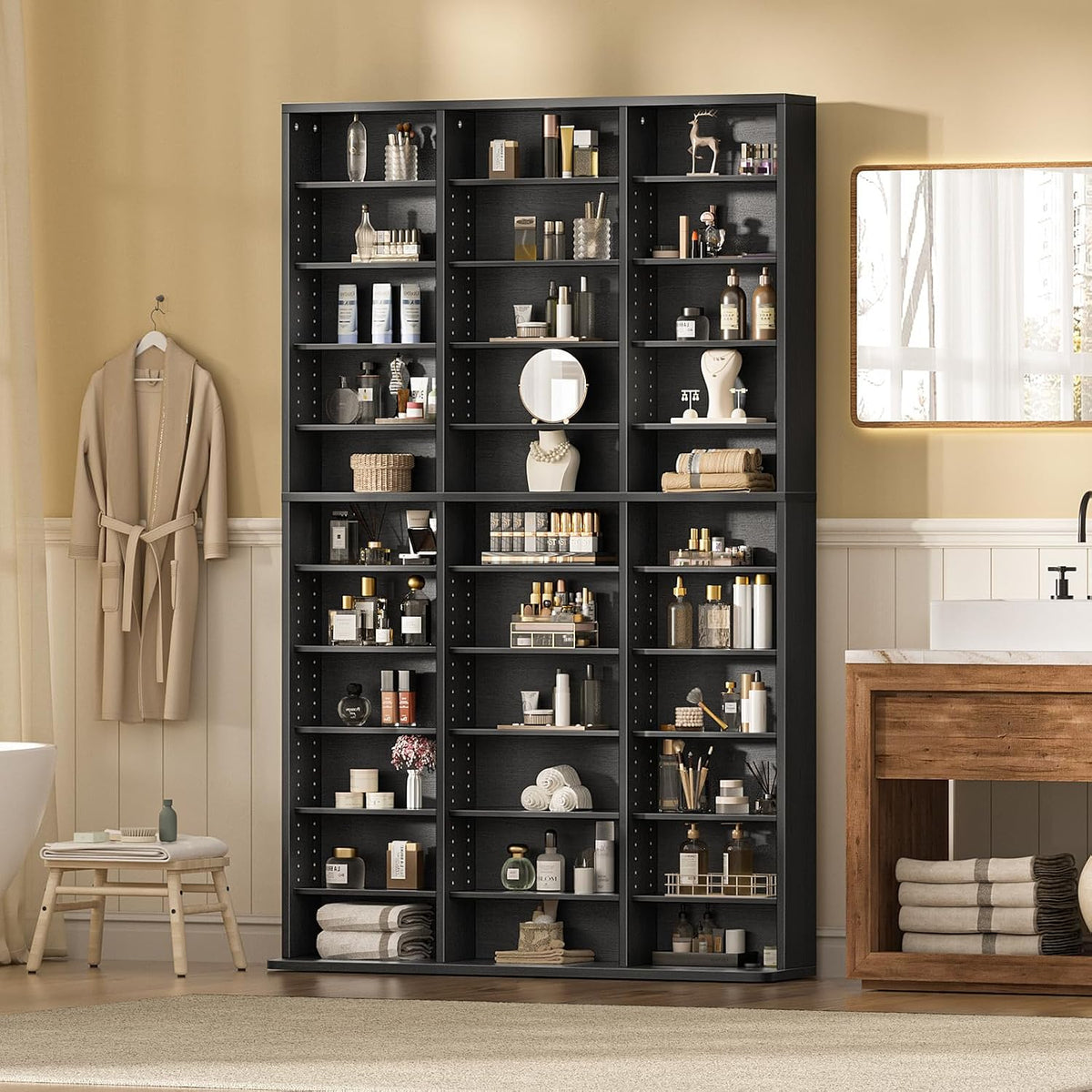 LELELINKY 11 Tier Tall Display Cabinet, Black Media Storage Cabinet with Adjustable Shelves, Free Standing DVD Organizer Shelf, Floor Multimedia Storage Manga Bookshelf for Living Room & Home Office.