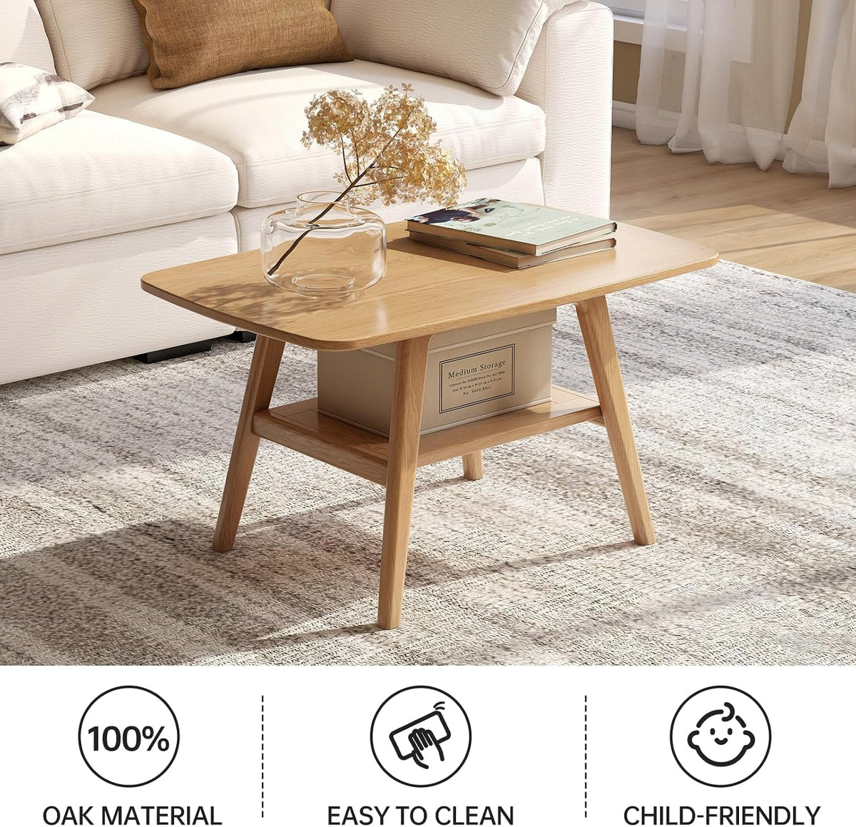 31.5' Solid Wood Coffee Table, 2-Tier Center Table with Open Storage for Living Room, Mid-Century Modern Sofa Table, Walnut Finish, Easy Assembly