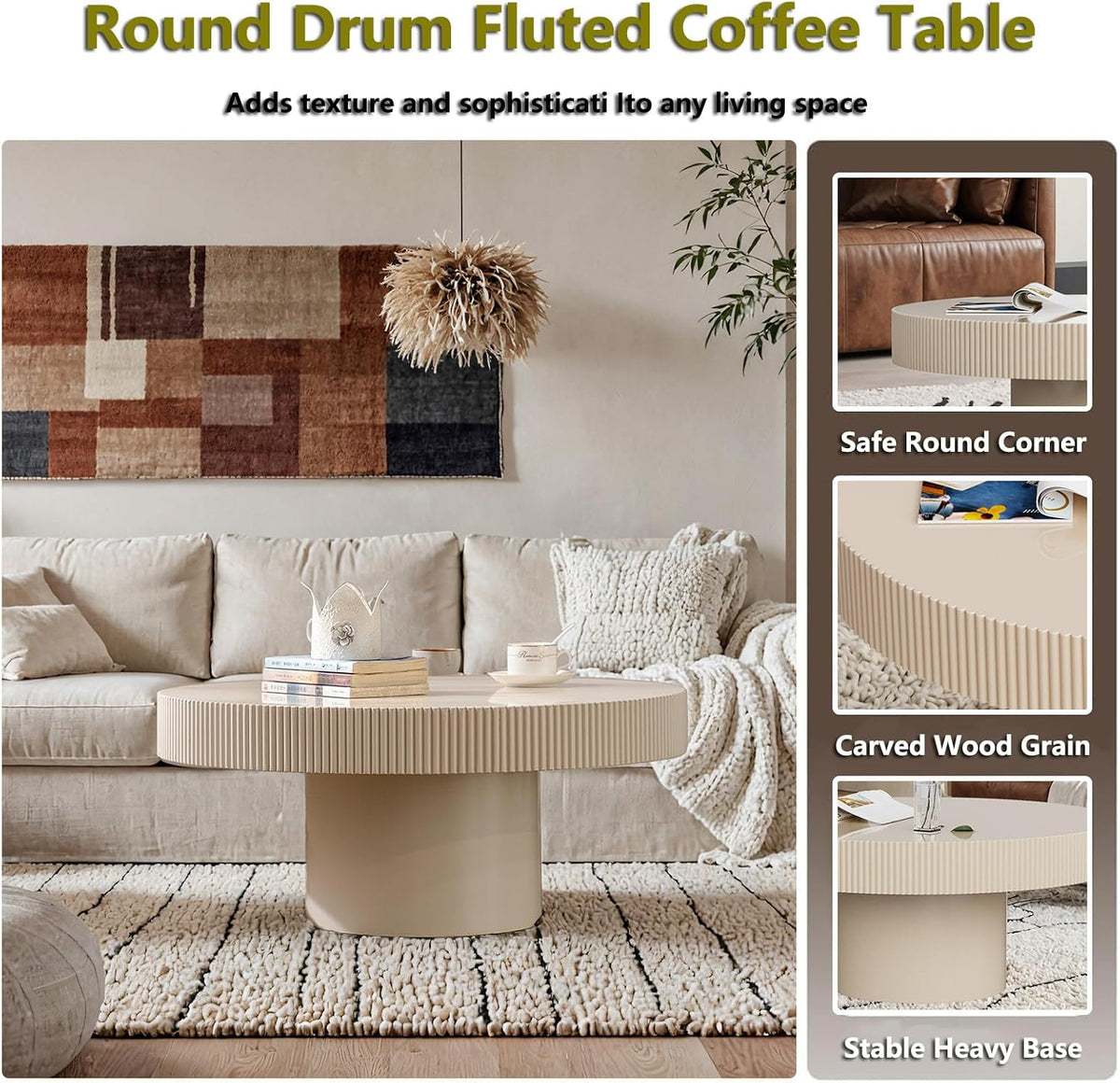 Cream Rustic Drum Round Coffee Table Modern Circle Center Table Circular Vintage Fluted Coffee Tables with Stable Pedestal, for Living Room Bedroom Farmhouse Office (P31.49IN)