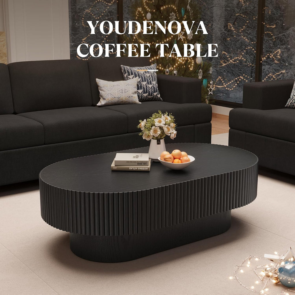 YOUDENOVA 43.7' Oval Coffee Table, Modern Wood Fluted Coffee Table for Living Room, Veneer Handcrafted Relief Center Table with Sturdy Pedestal，Easy Assembly - Black