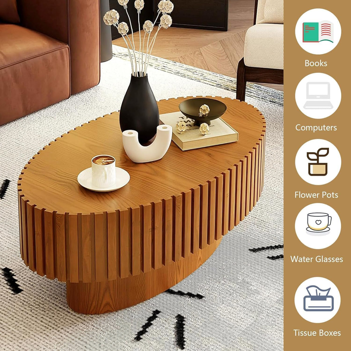 WXFKLDJ Oval Drum Coffee Table Black Round Fluted Coffee Table Wood Circle Center Table Pedestal End Table for Apartment Living Room (Light Brown Oval)