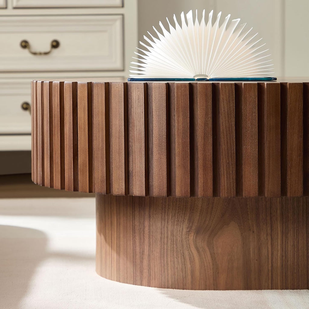 JUSTONE 43.7-Inch Oval Coffee Table, Farmhouse Solid Wood Drum Shape with Hand-Carved Relief, Living Room Apartment Décor, Walnut Finish, 43.7' L x13.7 H
